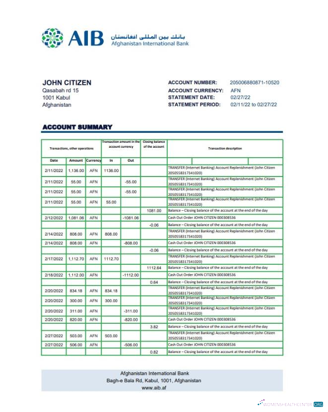 Download Afghanistan International Bank (AIB) bank statement Photoshop template